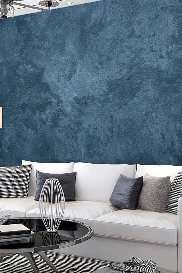 salon con pared estuco azul